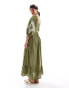 Фото #3 товара Accessorize ruched puff sleeve maxi beach dress in olive green