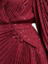 ASOS DESIGN Petite pleated metallic dobby chiffon wrap button detail maxi dress in burgundy