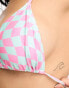 South Beach triangle bikini top in pink and blue warped check