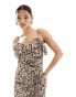 River Island asymmetric ruffle detail midi dress in brown animal print