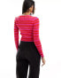 Фото #8 товара ONLY long sleeve knitted top with splice detail in pink and red stripe
