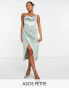 Фото #2 товара ASOS DESIGN Petite one shoulder satin drape corset detail midi dress in dark sage