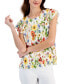 Women's Floral-Printed Flutter-Sleeve Pleated Top