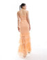 ASOS DESIGN raw edge corset detail panelled maxi dress with hi low ruffle hem in peach