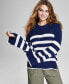 Фото #1 товара Women's Striped Crewneck Split-Cuff Sweater, Created for Macy's