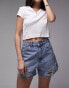 Topshop – Mom-Shorts in A-Linie in Schmutz-Blau mit Zierrissen