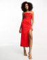 ASOS DESIGN bandeau textured rose high split midi dress in red Красный, 36 - фото #4