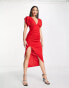 Фото #8 товара ASOS DESIGN Tall plunge neck ruched side midi dress with split in red