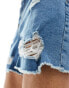 ASOS DESIGN short length denim shorts with rips in mid wash blue