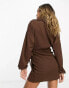 Фото #3 товара ASOS DESIGN textured long sleeve v neck wrap mini dress in chocolate