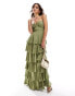 Pretty Lavish gold ring detail tiered maxi dress in moss green