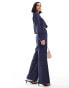 Фото #2 товара Extro & Vert highwaisted wide leg tailored trouser in navy pinstripe co-ord