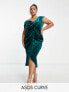 Фото #1 товара ASOS DESIGN Curve off shoulder twist front wrap velvet midi dress in forest green