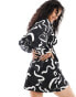 Фото #8 товара Wednesday's Girl deep v swirl print mini dress in black and white