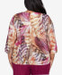 Plus Size Wine Country Women's Feather Print Lace Detailed Crew Neck Top