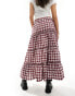 Фото #2 товара Bershka tiered maxi skirt in burgundy check