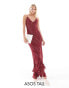 Фото #1 товара ASOS DESIGN Tall V neck strappy cross back maxi dress with raw edge details in burgundy spot