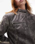 Topshop – Bikerjacke aus schwarzem Echtleder mit Rennsport-Design und Streifendetail