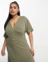 Фото #4 товара ASOS DESIGN Curve – Midi-Freizeitkleid in Khaki mit Knöpfen und Flatterärmeln