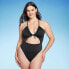 Women's Ribbed Plunge Front Cut Out One Piece Swimsuit - Shade & Shore Black