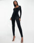 Фото #1 товара Threadbare Gina velour square neck jumpsuit in black