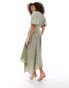 & Other Stories linen blend asymmetric hem midi dress with ruche bodice and volume sleeves in green