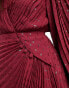 Фото #6 товара ASOS DESIGN Petite pleated metallic dobby chiffon wrap button detail maxi dress in burgundy