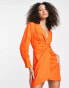 Фото #3 товара Bershka twist front shirt dress in bright orange