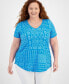 JM Collection Plus Size Patchwork Paradise Short Sleeve Top, Created for Macy's