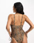 ASOS DESIGN Fuller Bust plunge rib swimsuit with lace up side detail in leopard animal print