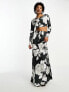 Day 6 puddle length maxi skirt co-ord in black rose print