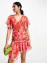 ASOS DESIGN wrap front chiffon mini dress with ruched side and peplum hem in pink floral