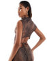 Фото #4 товара ASOS DESIGN co-ord stretch satin high neck tie open back crop top in brown snake