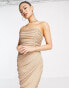 Rare London mesh drape wrap midi pencil dress in stone glitter