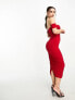 Jaded Rose Petite – Gerafftes, wadenlanges Kleid in Rot mit Korsett-Taille und transparentem Einsatz
