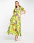 Фото #8 товара ASOS DESIGN angel cape sleeve pleated hem midi dress in yellow floral print