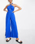 Esmee Exclusive beach jumpsuit with cross over halter detail in cobalt blue