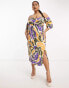 Фото #2 товара ASOS DESIGN Curve Exclusive pleated off shoulder midi dress with wrap bust in abstract print