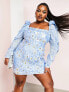 ASOS LUXE Curve puff sleeve flower embellished midi dress in white and blue
