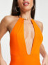 ASOS DESIGN Tall – Badeanzug in leuchtendem Orange mit tiefem Ausschnitt und goldfarbenem Halsbandbesatz