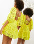 ASOS EDITION broderie twist front mini dress with puff sleeve in yellow