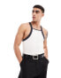 ASOS DESIGN muscle fit square neck rib vest in cream with black binding