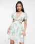 ASOS DESIGN soft tiered mini dress with tie waist detail in green floral