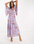 Фото #6 товара ASOS DESIGN satin flutter sleeve v-neck maxi dress with tier hem in lilac paisley print