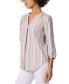 Women's Striped Pleat-Front V-Neck 3/4-Sleeve Top