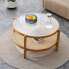 Фото #10 товара Столик для чая двухслойный круглый с простым дизайном Simplie Fun с раттановой оплеткой и массивным деревом, столик боковой маленький