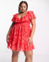 Фото #2 товара ASOS DESIGN Curve v front ruffle mini dress with flutter sleeve and tie belt in red