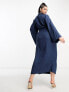 ASOS DESIGN Curve flute sleeve collared wrap midi dress with gathers in blue