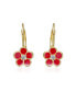 14k Yellow Gold Plated with Red Enamel and Cubic Zirconia Flower Dangle Earrings