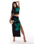 Фото #1 товара Kaiia mesh column side split maxi skirt co-ord in black and green flower print